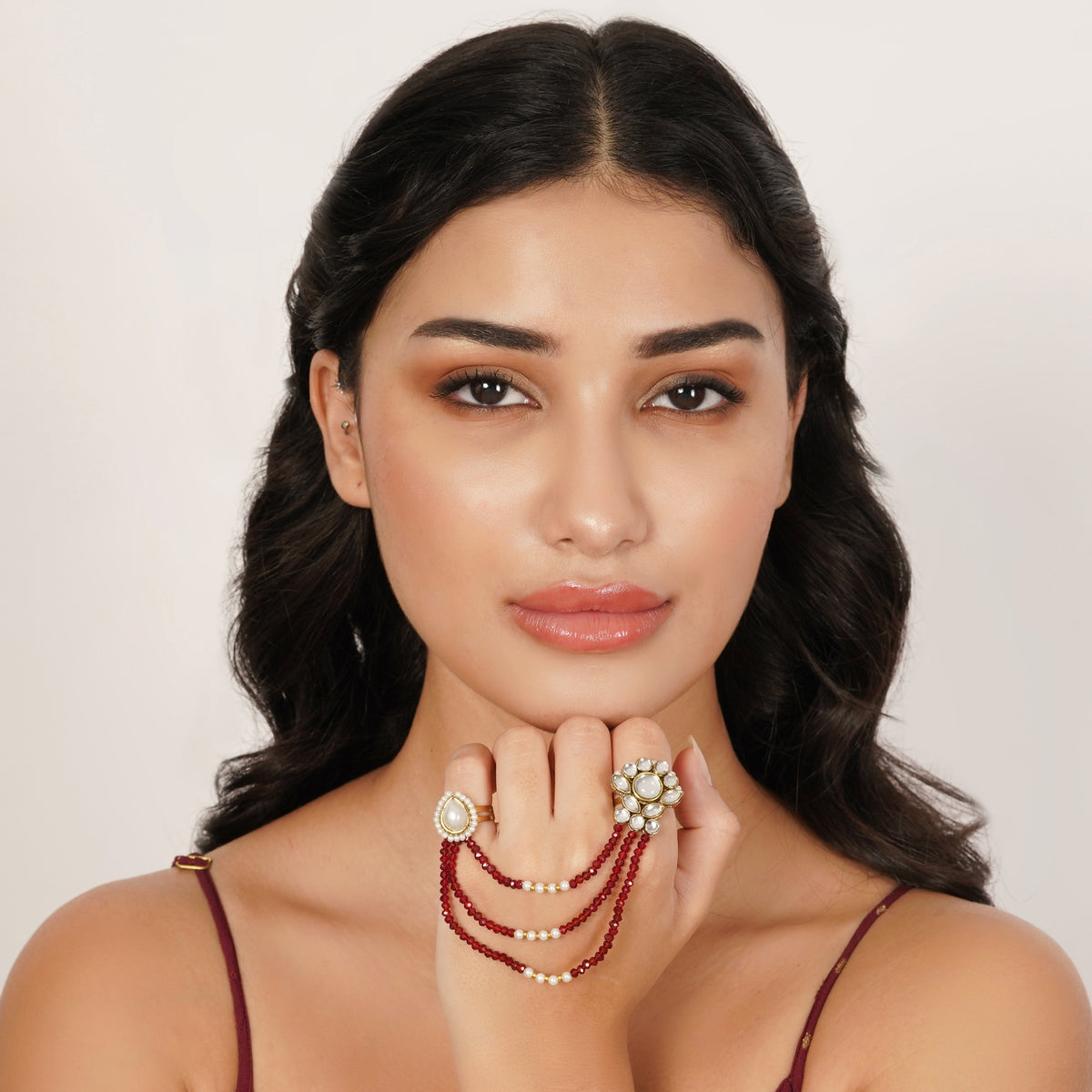 Ada — Maroon Beaded two finger ring with Kundan Details