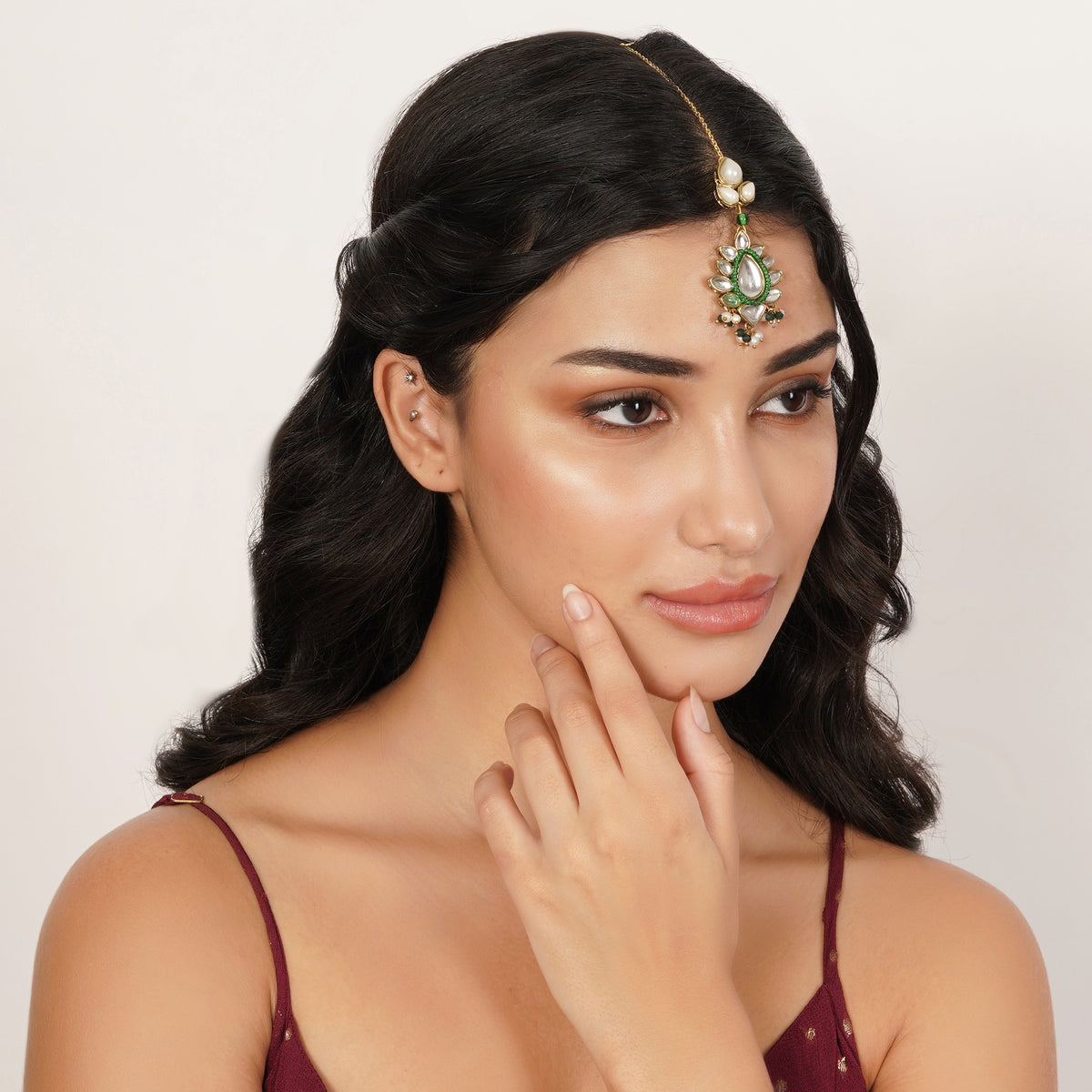 Bahaar — Floral Kundan Maangtikka with Green Accents