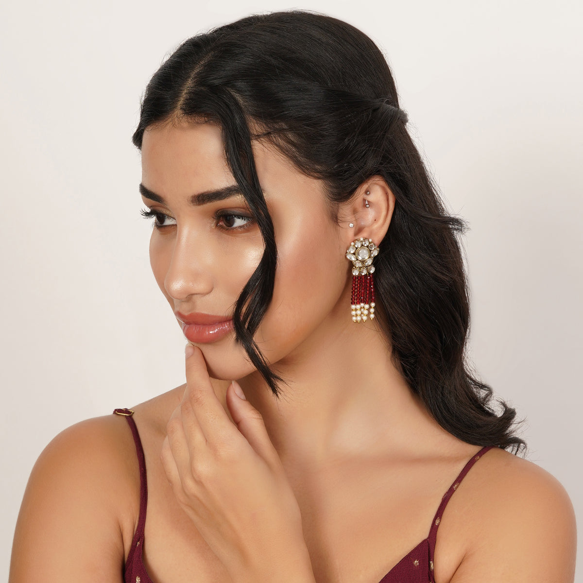 Ada — Maroon Beaded Earrings with Pearl Fringe