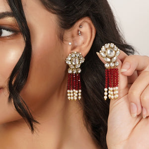 Ada — Maroon Beaded Earrings with Pearl Fringe