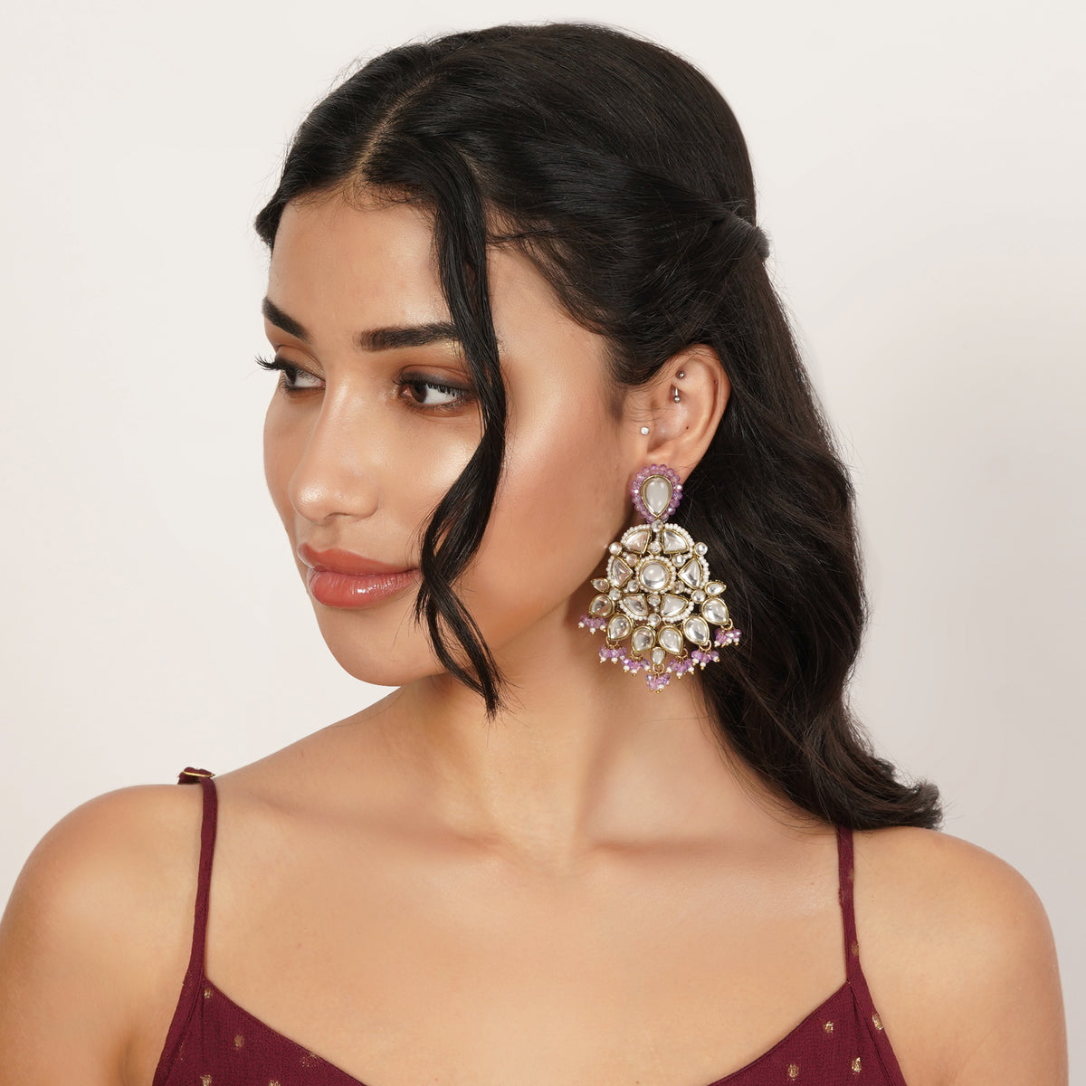 Sahaj — Floral Kundan Earrings with Purple Drops