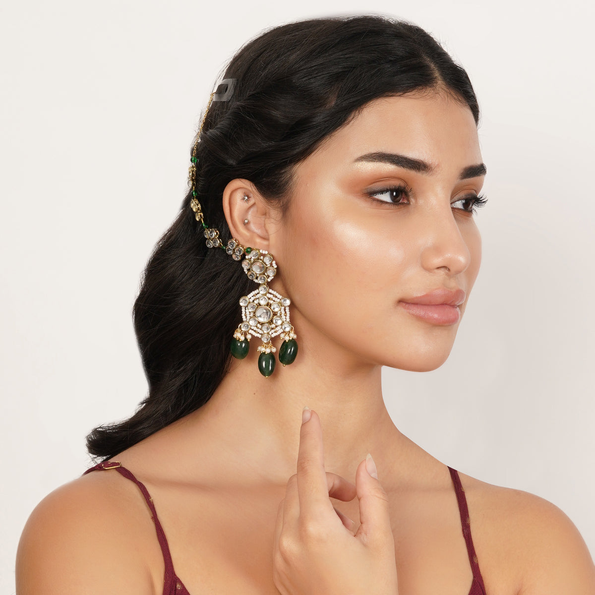 Rajsi — Bridal Floral Kundan Earrings with Green Drops