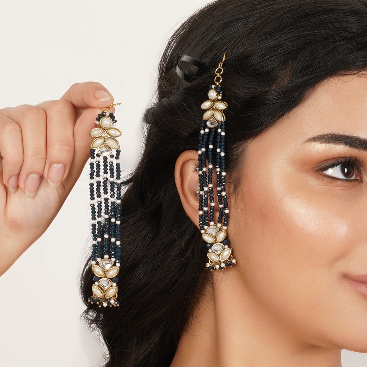 Nazakat — Navy Blue Beaded Earrings with Floral Details