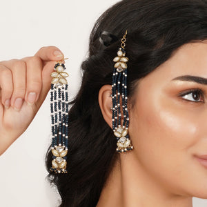 Navy blue beaded earrings with floral details, featuring oval glass Kundan stones, faux pearls and gold-tone alloy