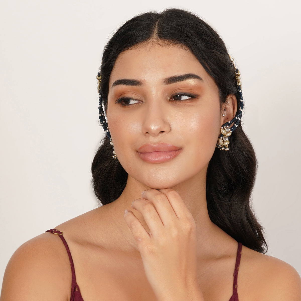 Nazakat — Navy Blue Beaded Earrings with Floral Details