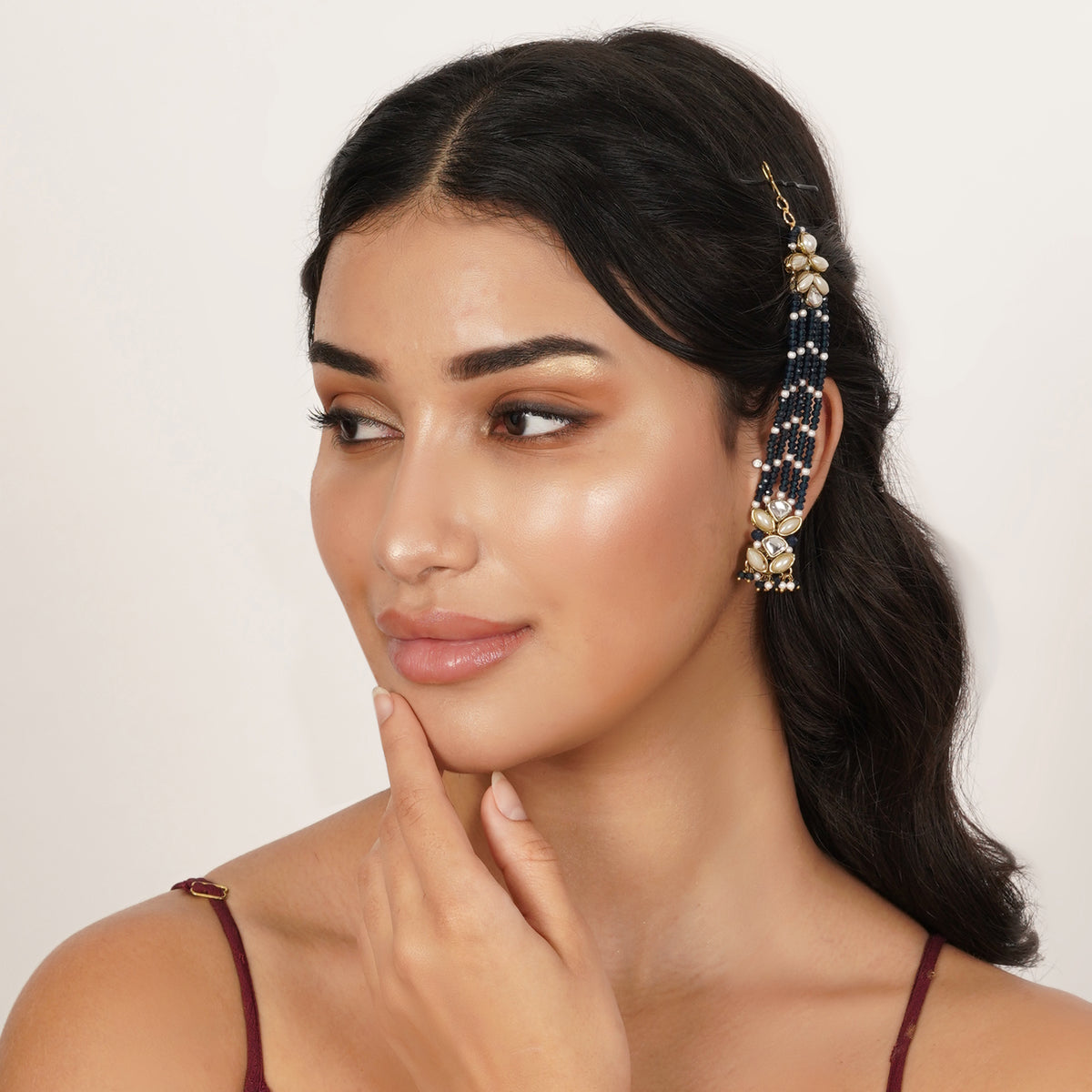 Nazakat — Navy Blue Beaded Earrings with Floral Details