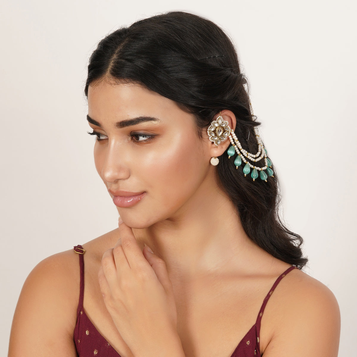 Niraali — Sea-Green Beaded Ear Cuff with Floral Kundan and hairchain