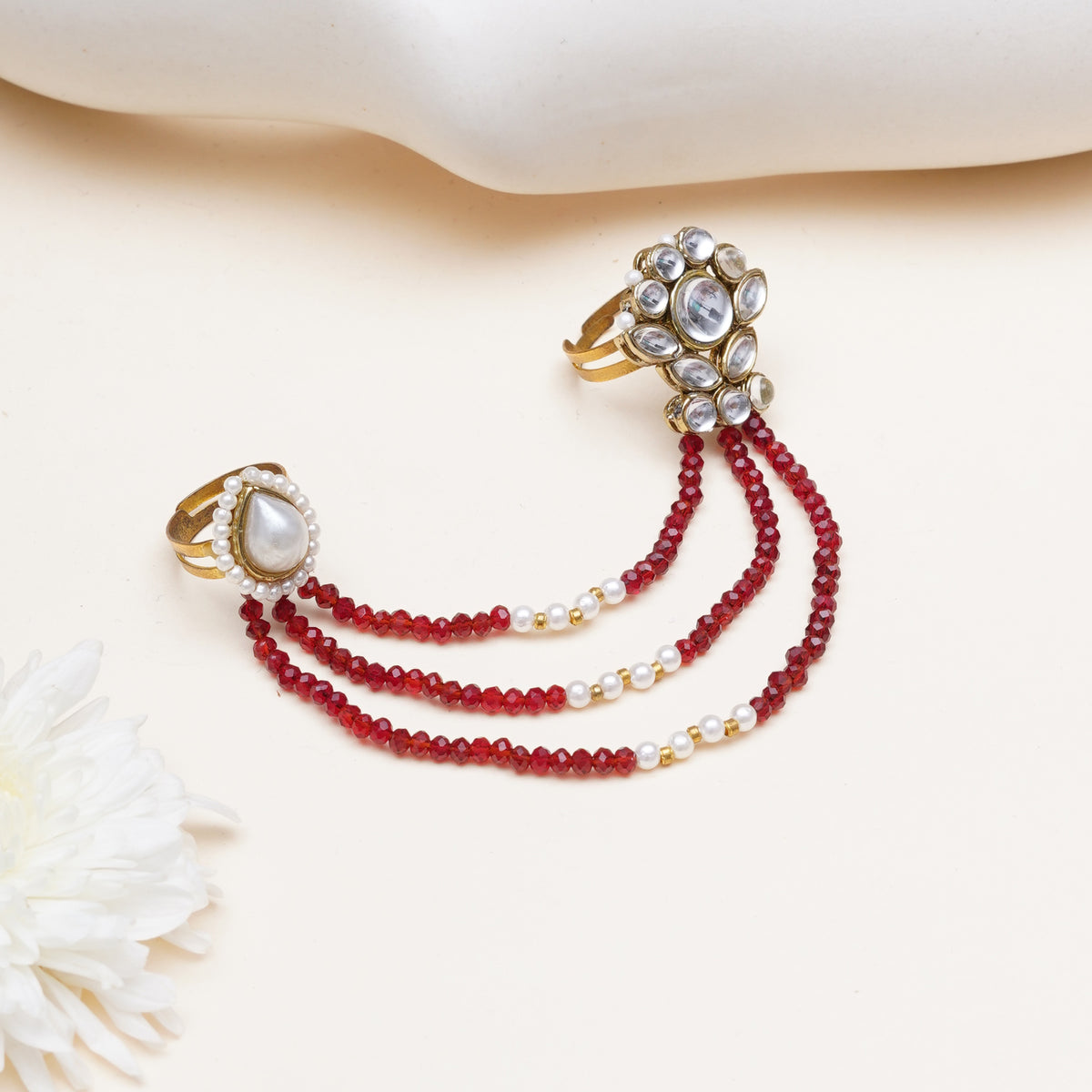 Ada — Maroon Beaded two finger ring with Kundan Details