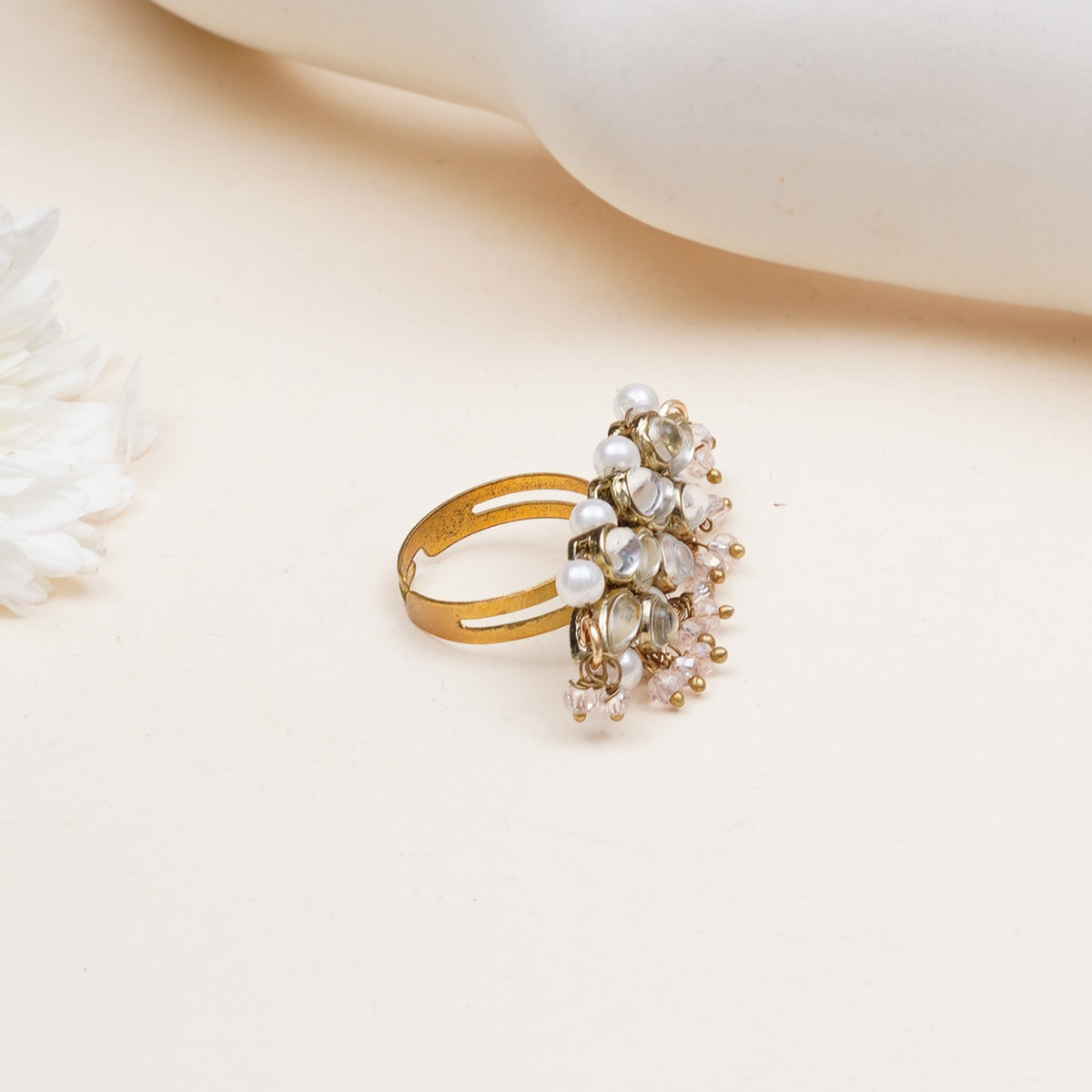 Noorani — Floral Kundan Ring with Pearl Details
