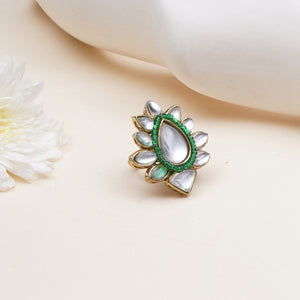 Bahaar — Floral Kundan Ring with Green Accents