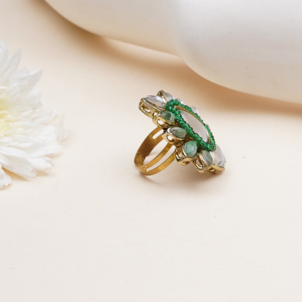 Bahaar — Floral Kundan Ring with Green Accents