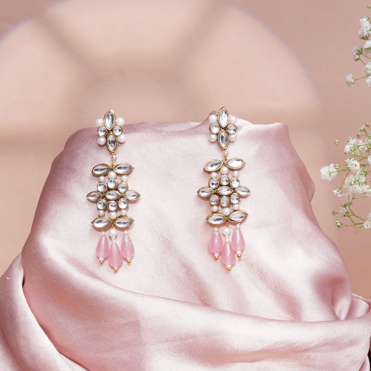 Noorani — Floral Kundan Earrings with Pink Drops