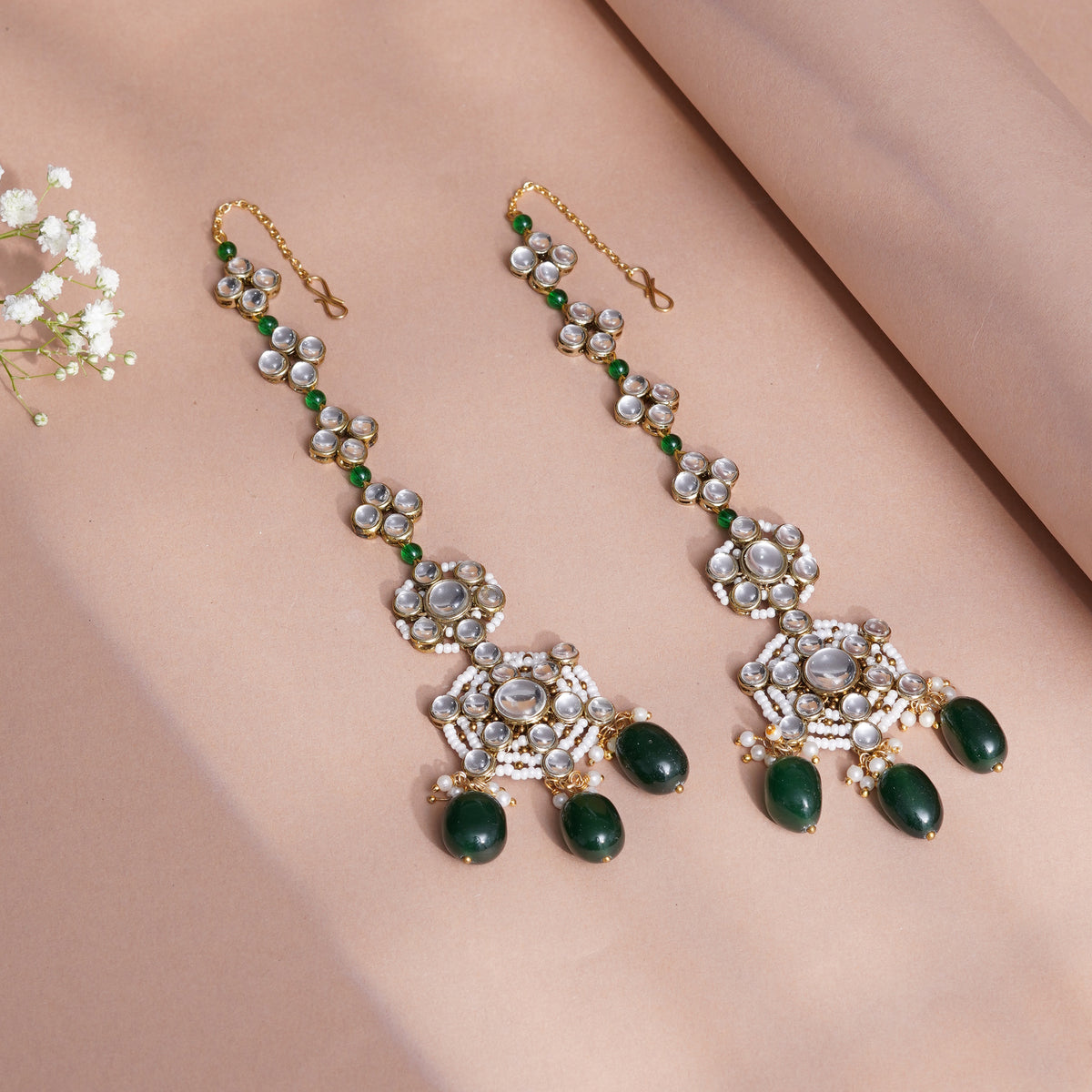 Rajsi — Bridal Floral Kundan Earrings with Green Drops