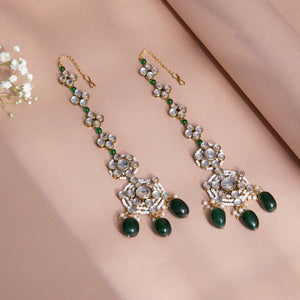 floral Kundan earrings with green drops, featuring glass Kundan stones, gold-tone alloy and dangling green beads