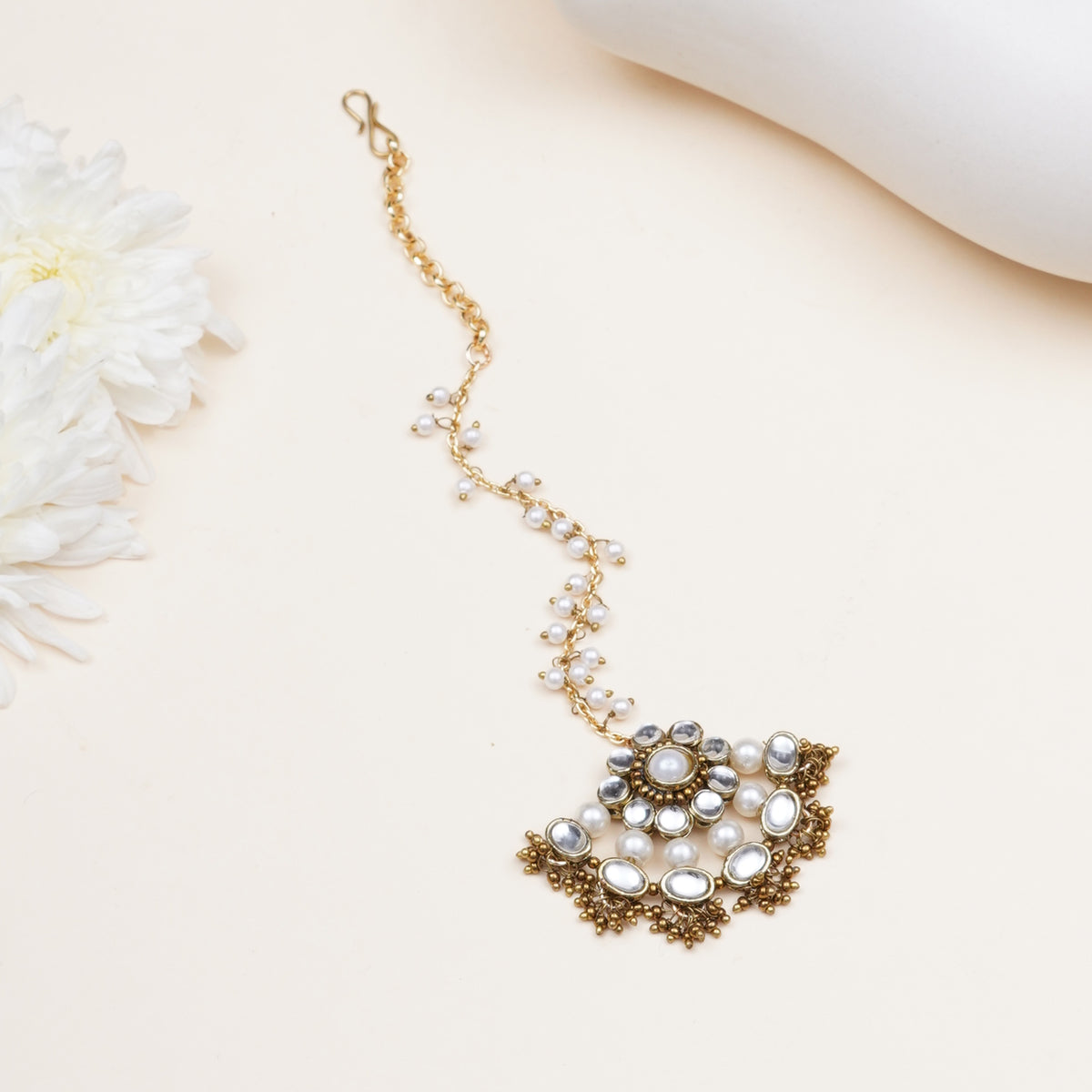 Sunheri — Golden Kundan Pearl Crescent Long Necklace Set
