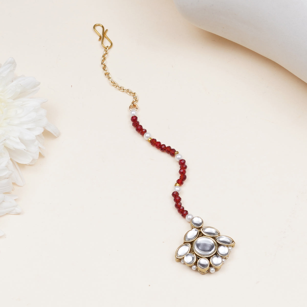 Ada — Maroon Beaded Maangtikka with Floral Kundan