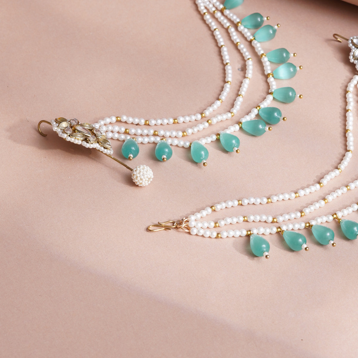 Niraali — Sea-Green Beaded Ear Cuff with Floral Kundan and hairchain