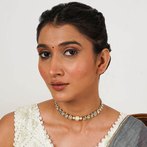 Kundan choker set in gold-tone with matching earrings and long bridal necklace, perfect for wedding functions , festive and bridal wear