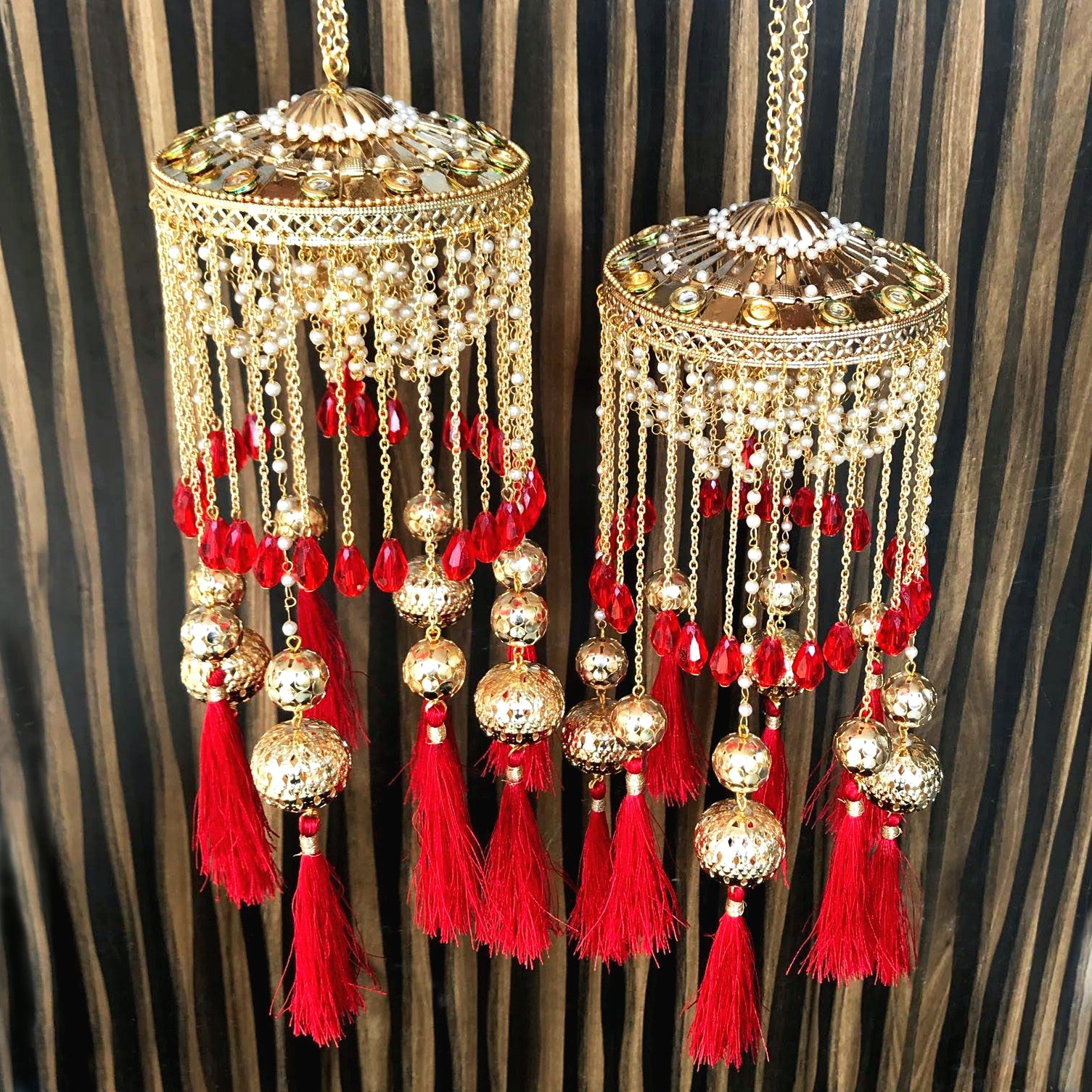 red/pink glass beads white pearl multi caps kaleera with tassels