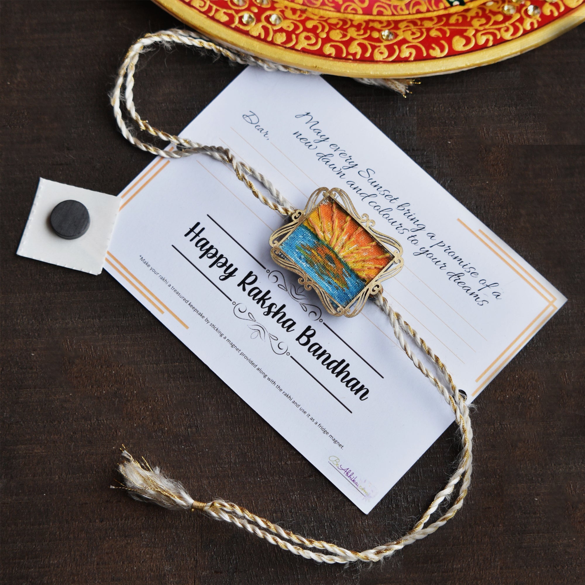 BeAbhika Hand Embroidered Rakhi Sunset Beach Lover Bro Rakhi With Fridge Magnet Designer Unqiue Famous Rakhi Lightweight Easy To Tie Rakhi Available At Best Price In India Online COD Available Send Rakhi To Brother Small Brother Big Brother Younger Brother Send Rakhi Abroad With Roli Chawal Capsules