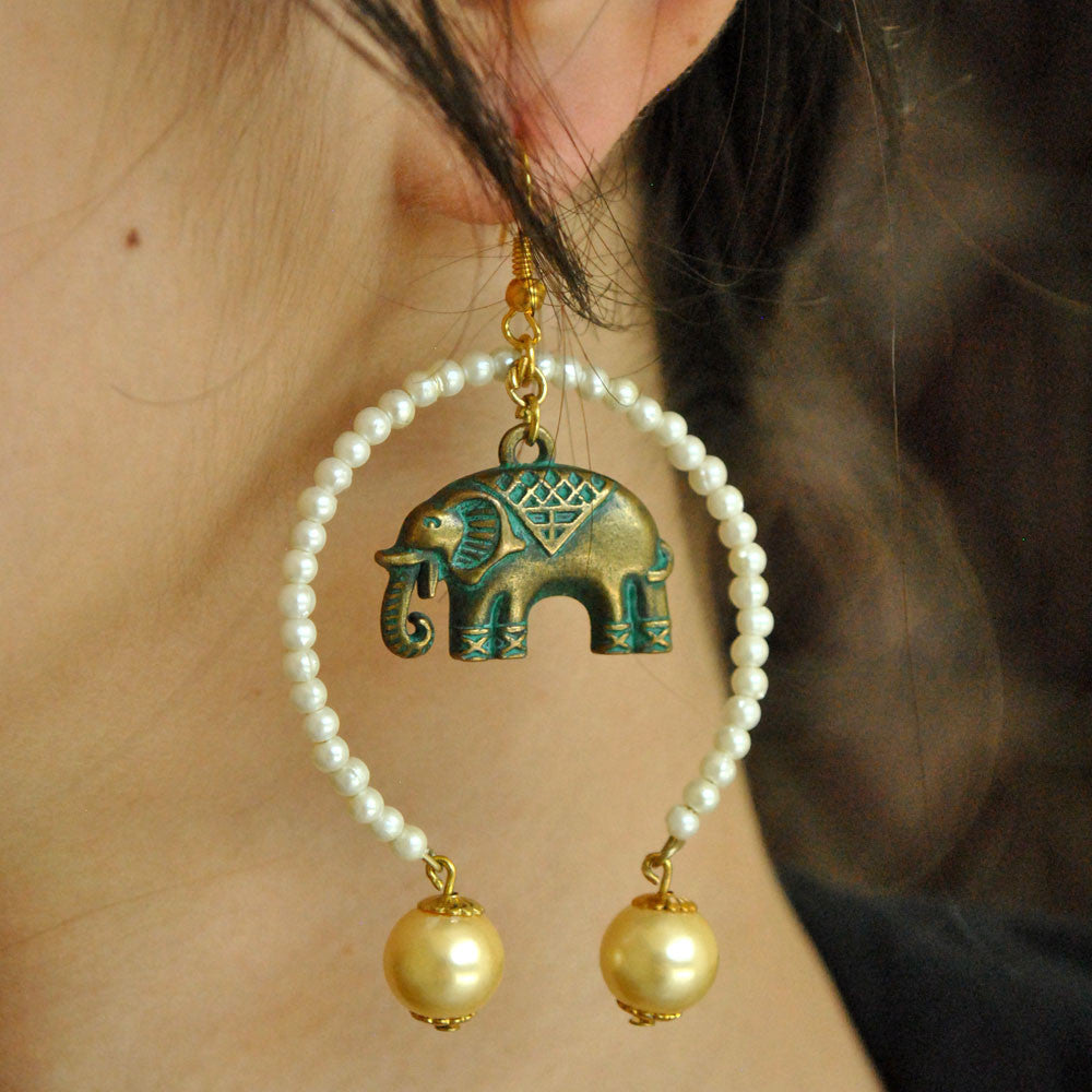 white pearls green embossed mastana haathi earrings