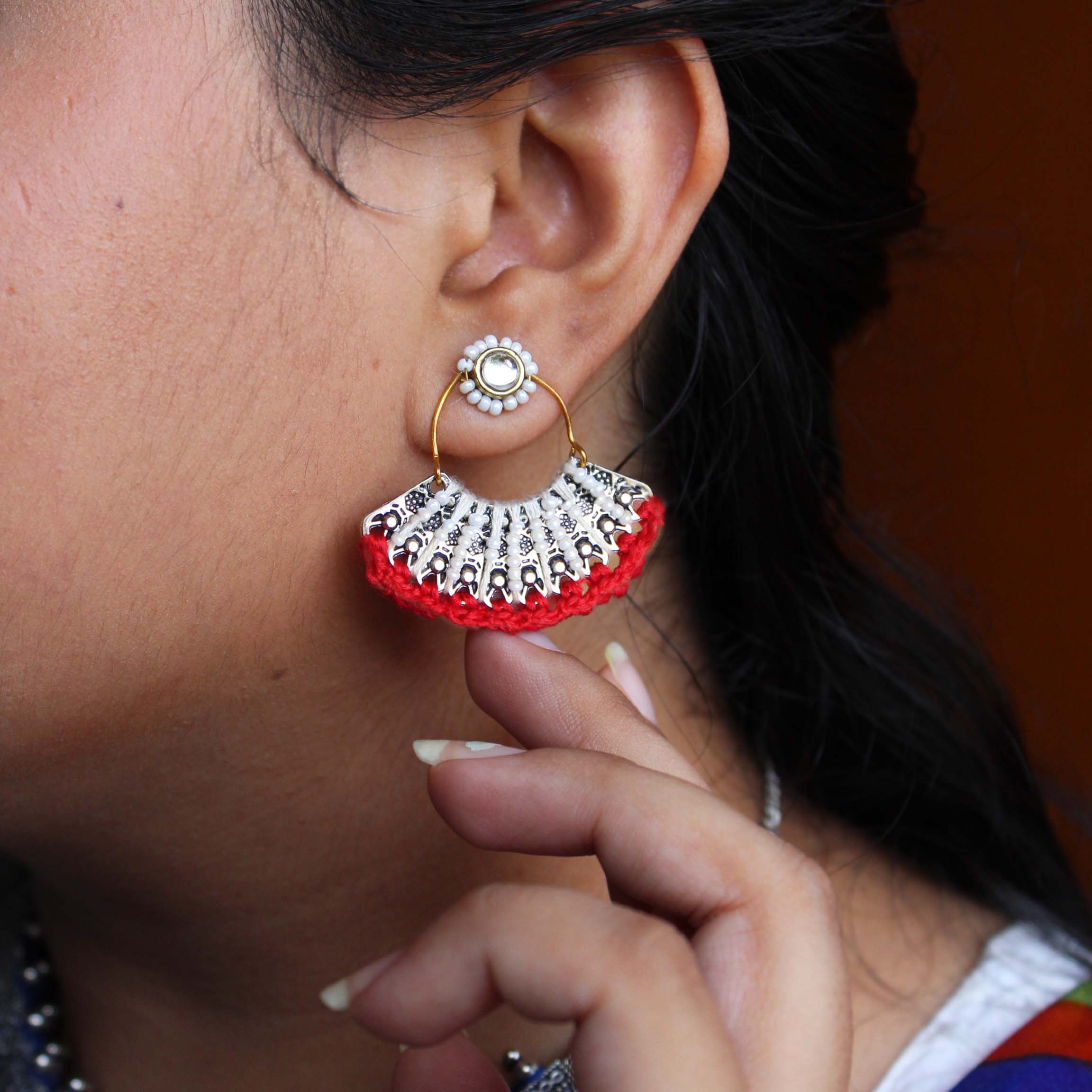 Red & White Beads Pankhi Earring