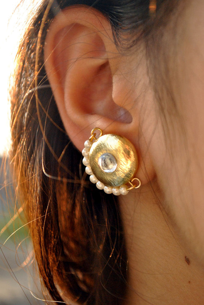 golden hollow beads crescent eaestuds earrings