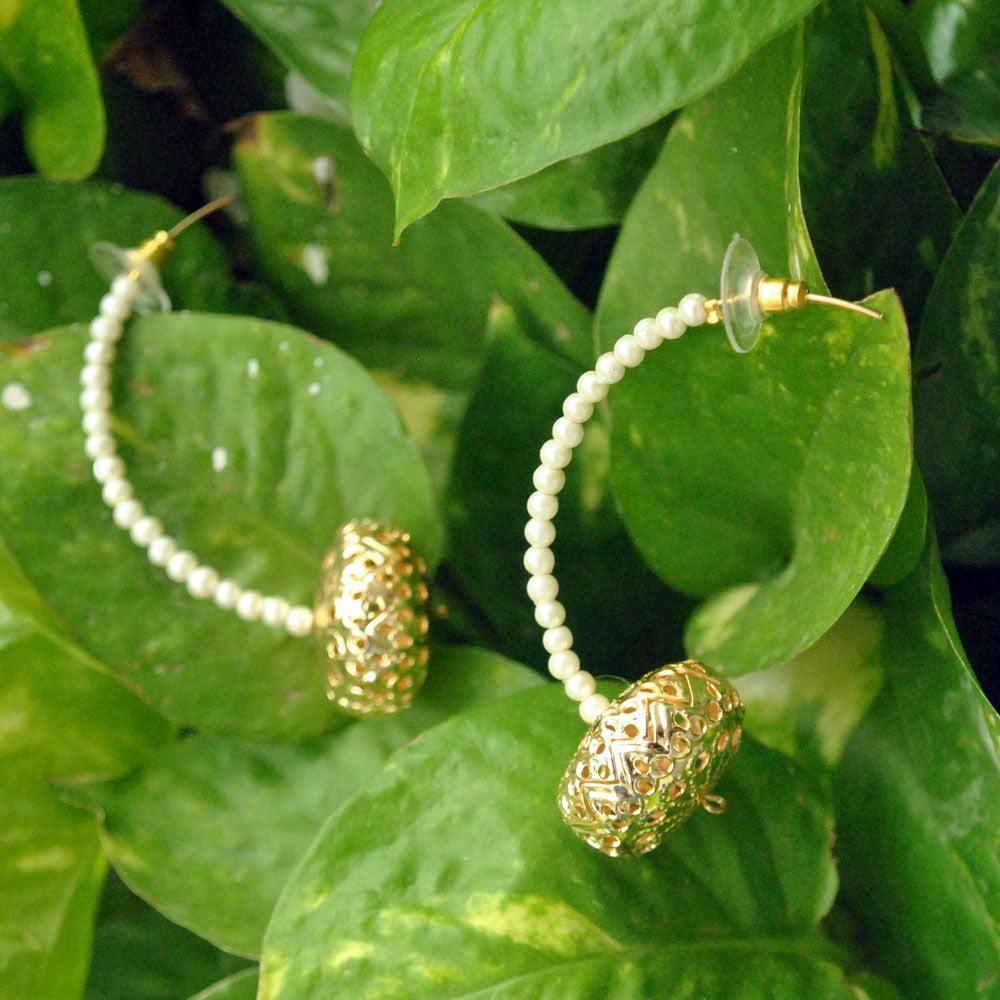 white pearl hlaf hoop earrings
