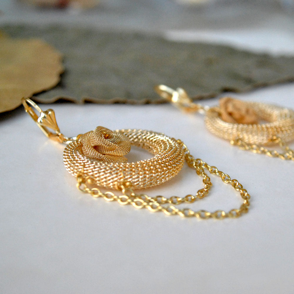 golden wire mesh dangling earrings