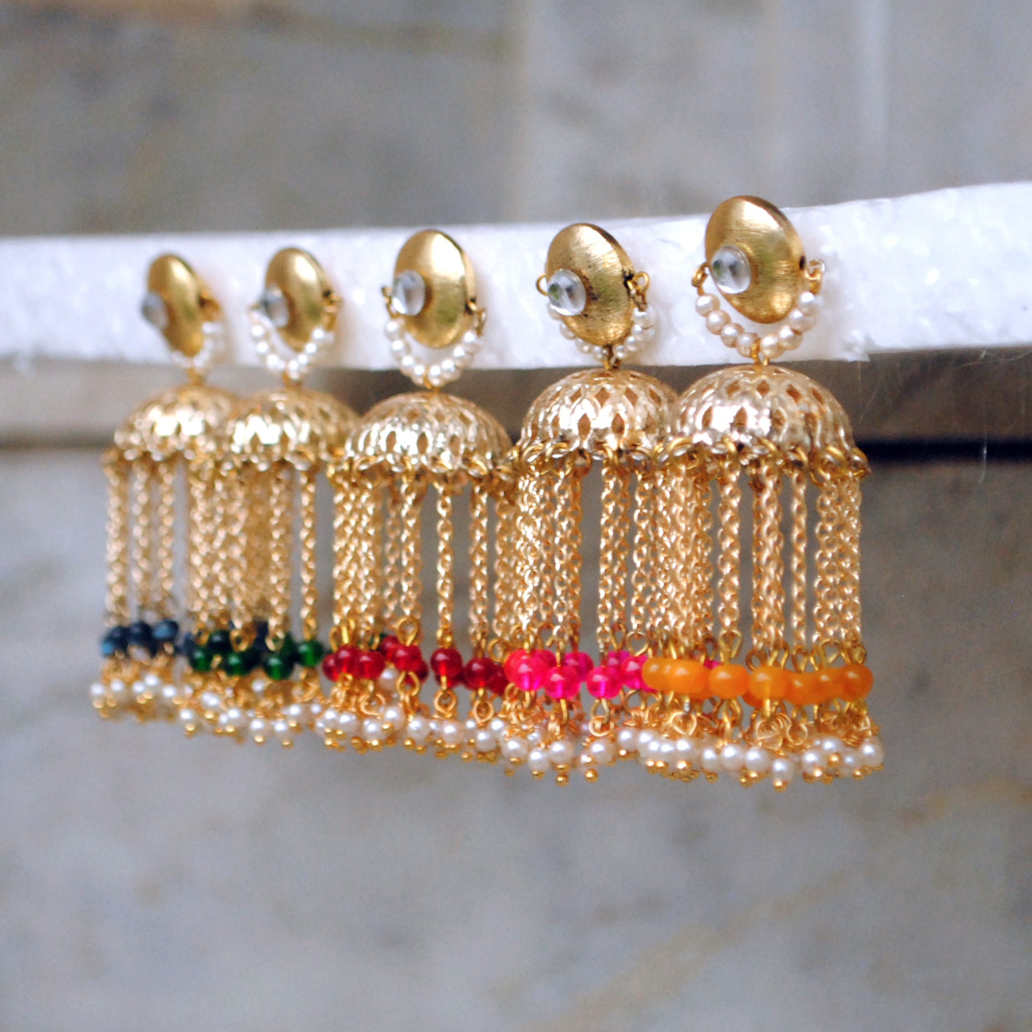 colorful glass beads crescent jhumki earrings