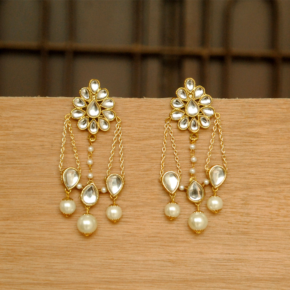 Beabhika Handmade Artificial Jewelry Gold Tone Kundan Dangling Earrings Handmade Fashion Earrings Trend Setter Jewelry White Pearls Golden Color Earrings Traditional Style Easy To Wear Ethnic Dress Matching Earrings Party Wear Wedding Jewelry Available On COD In India Delhi Traditional Heeramandi Style Jewelry