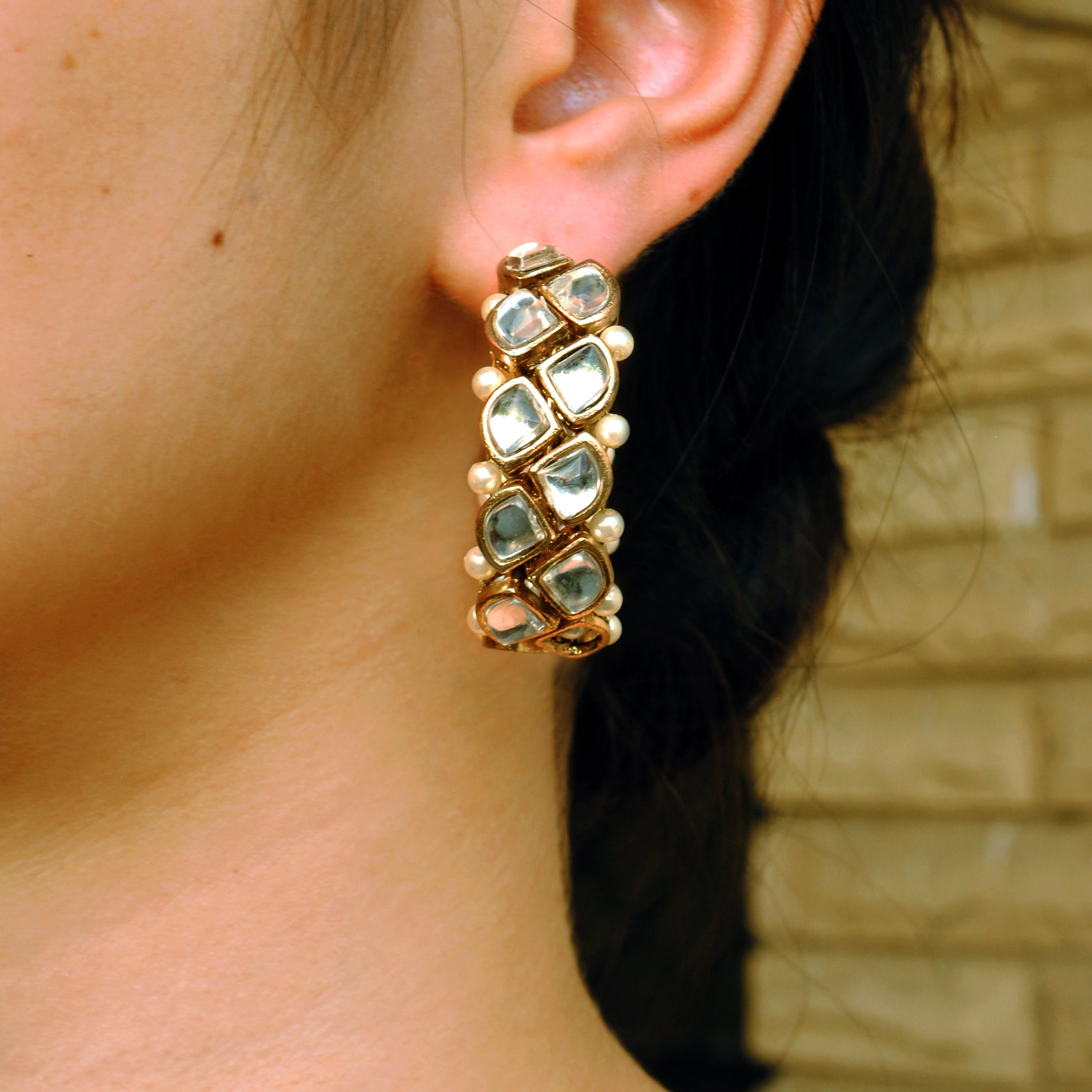 white glass kundan hoop earrings