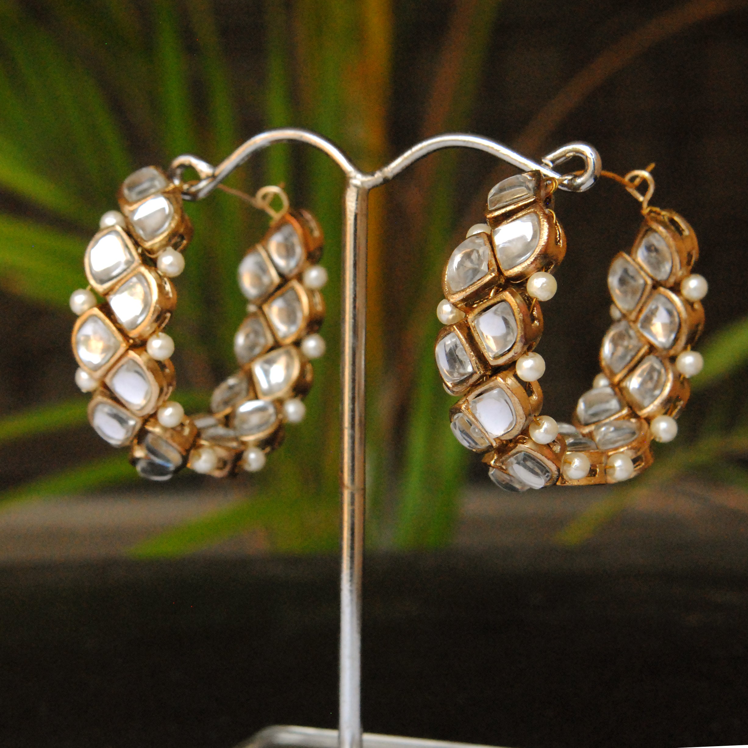 white glass kundan hoop earrings