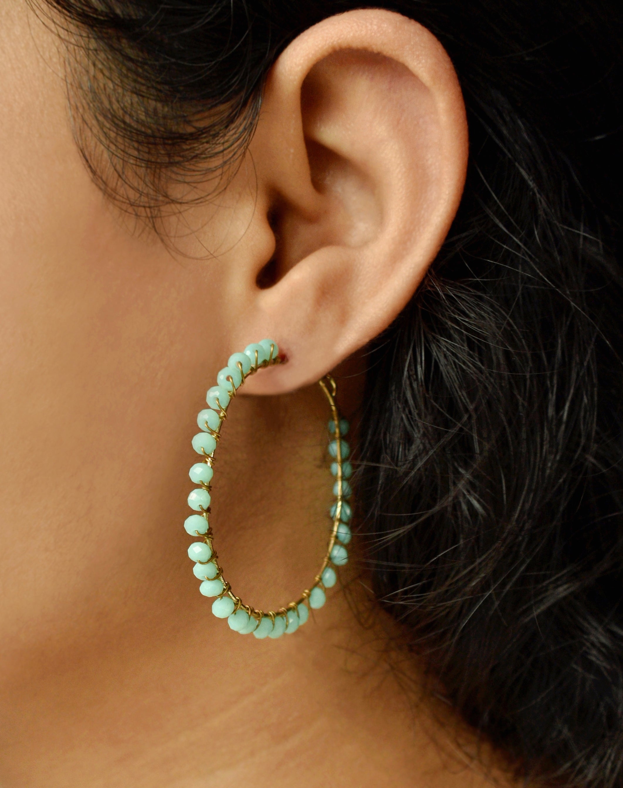 blue glass beads hoop earrings