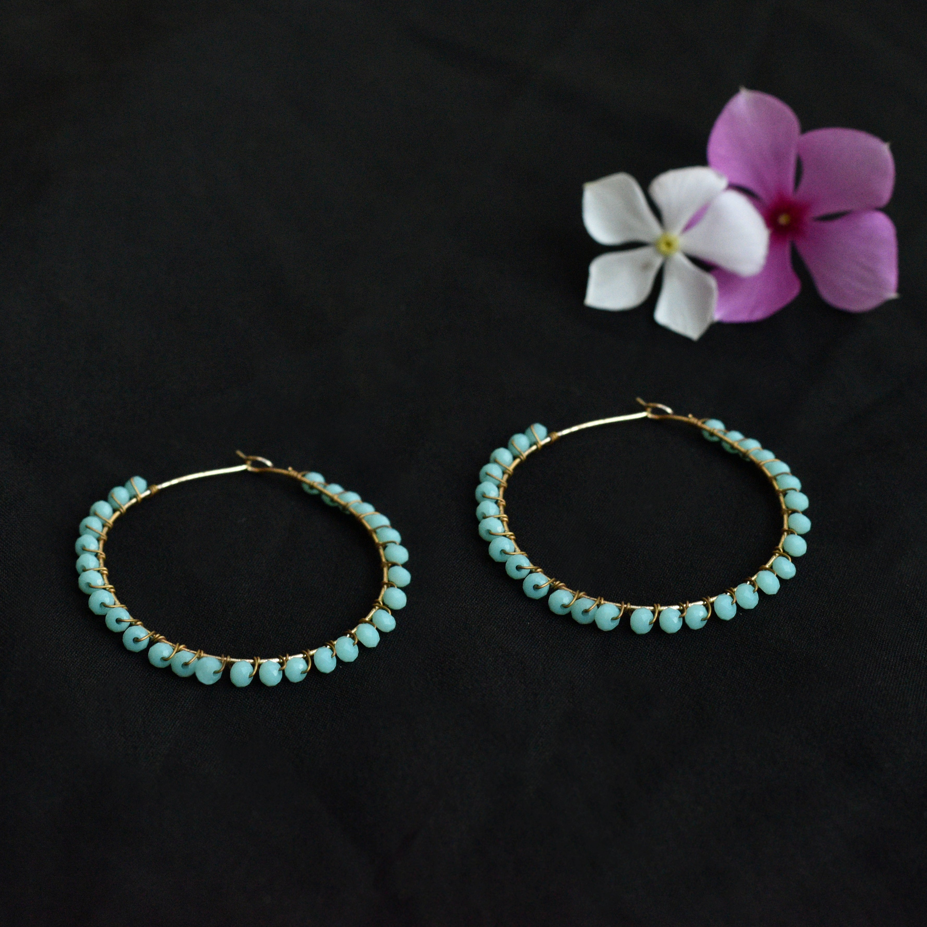 blue glass beads hoop earrings