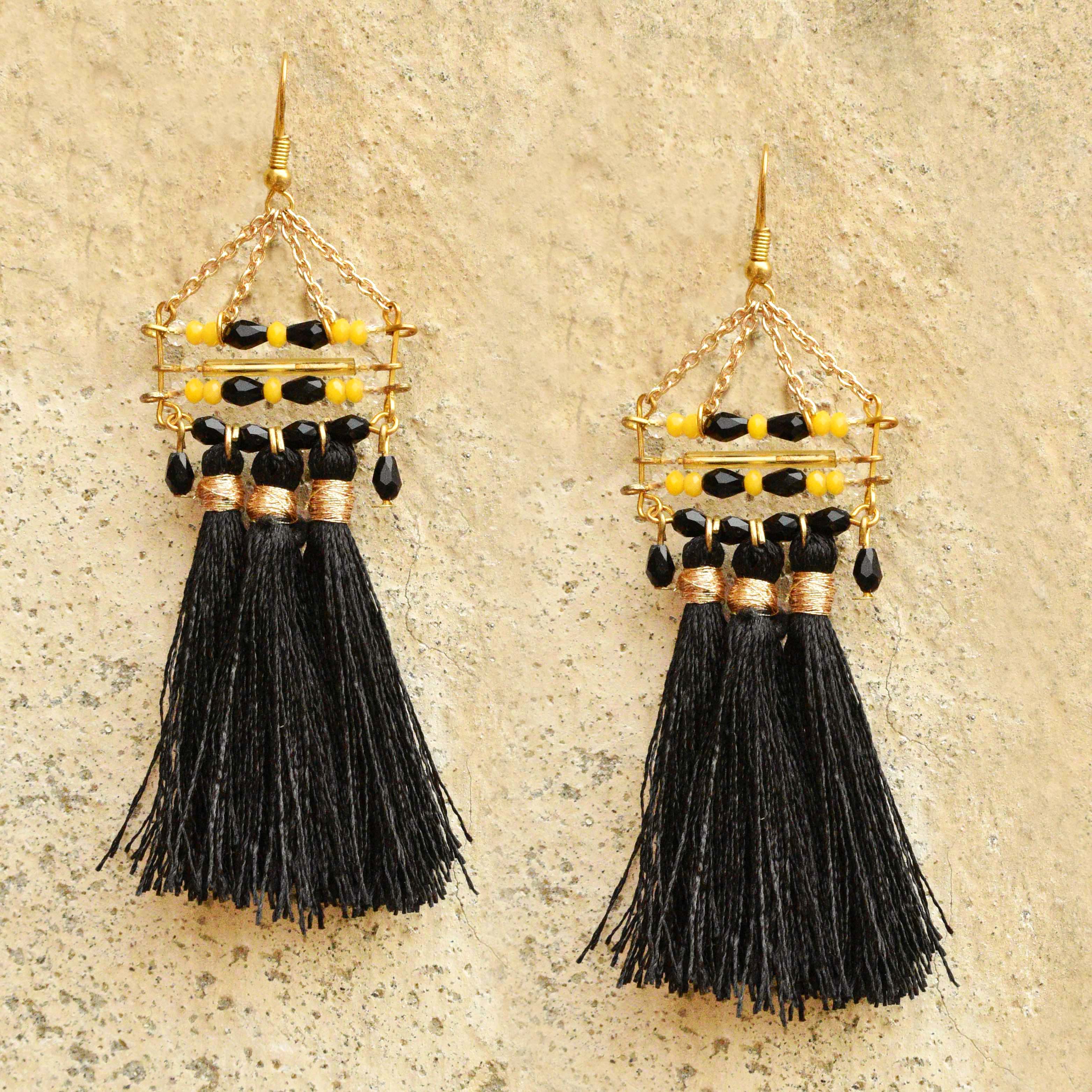 black glass beads tassel earrings