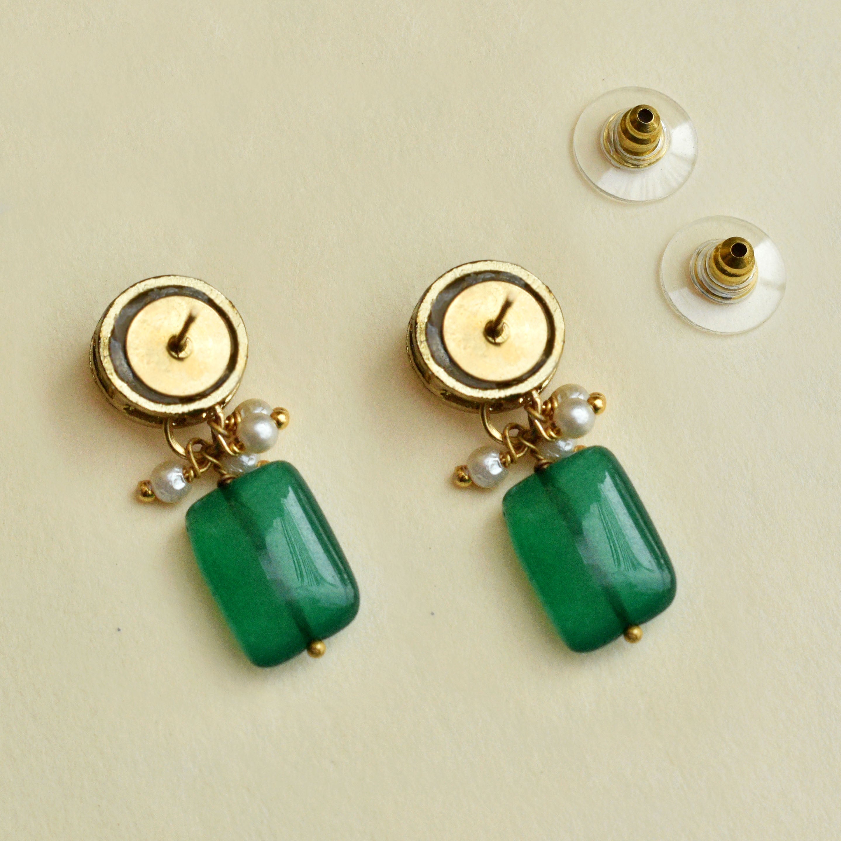 18k Gold & Natural Jadeite Earring + Jadeite Ring Pure Green Round Jadeite  Earring + Jadeite Ring - Gradejade By Melody