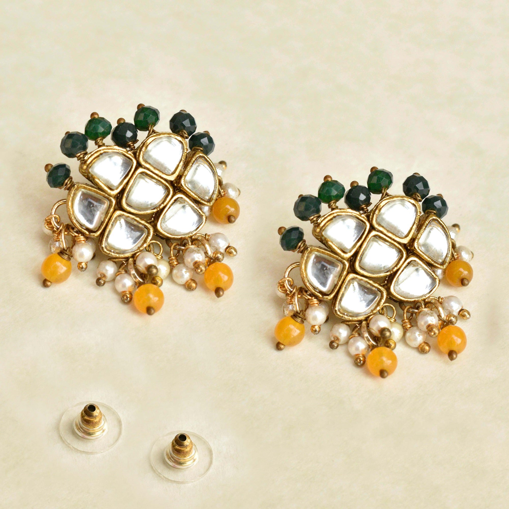 Beabhika Handmade Artificial Jewelry Green Color Kundan Studs Orange Color Kundan Small Earrings Daily Wear Unique Style Jewelry Traditional Heeramandi Style Jewelry Available On COD In India Handmade Honeycomb Style Kundan Earrings 