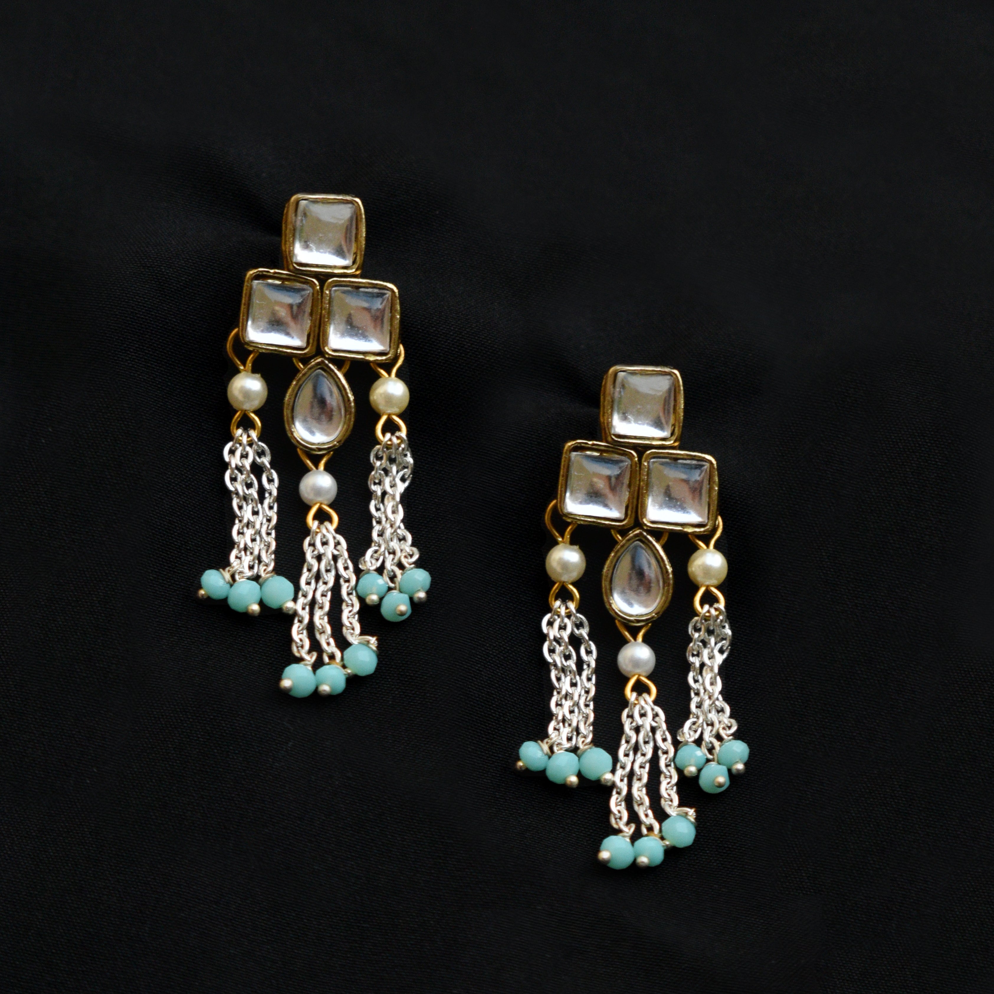 Silver Color Drop Chain & Kundan Earrings