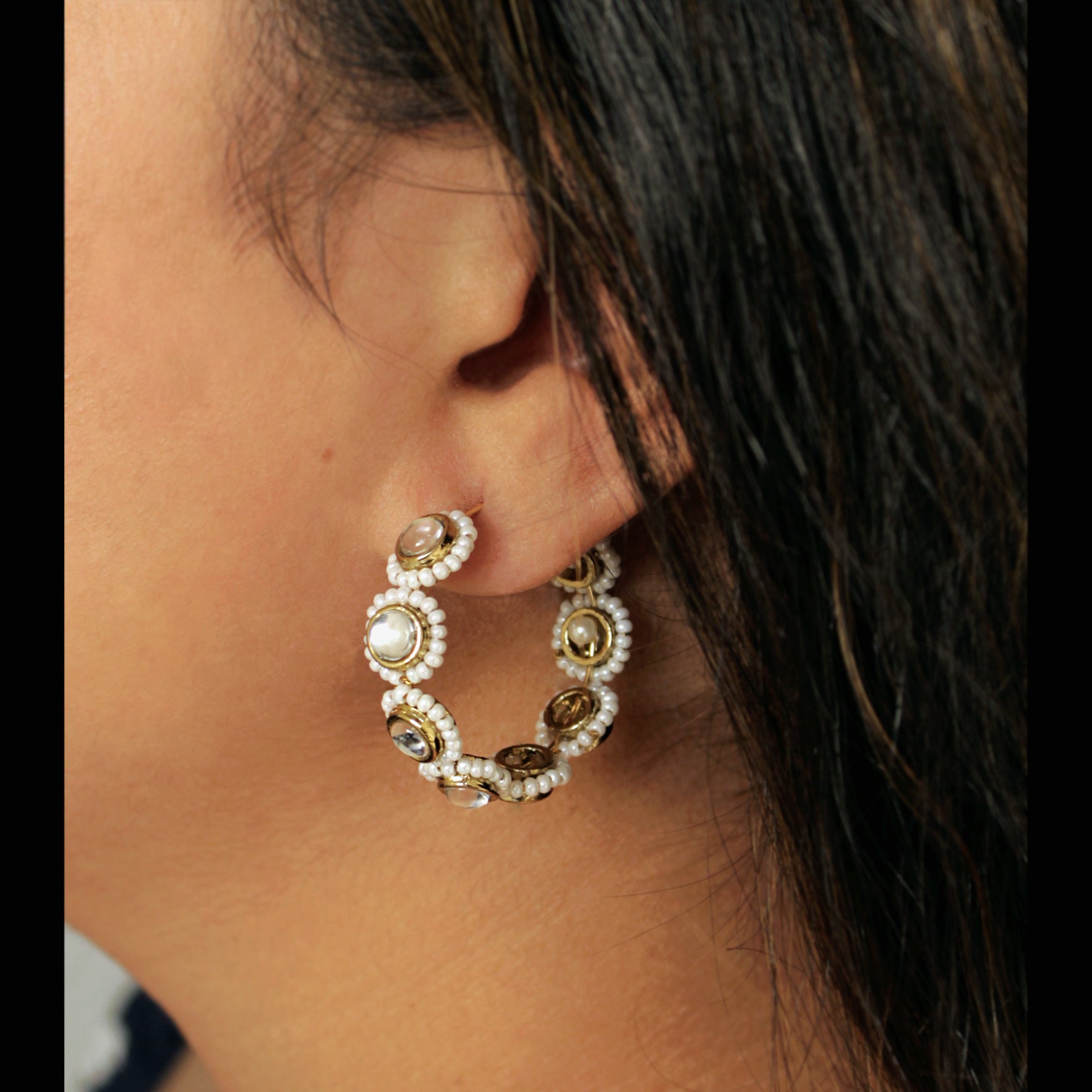 white pearls hoops earrings