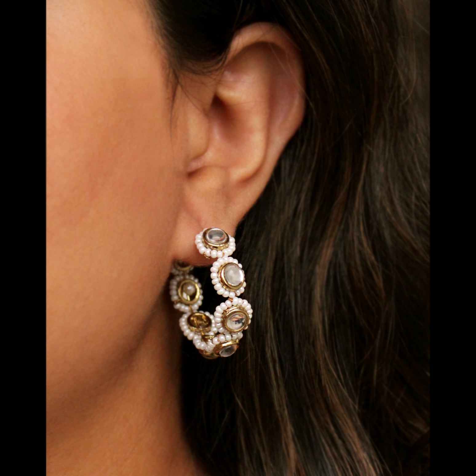 white pearls hoops earrings