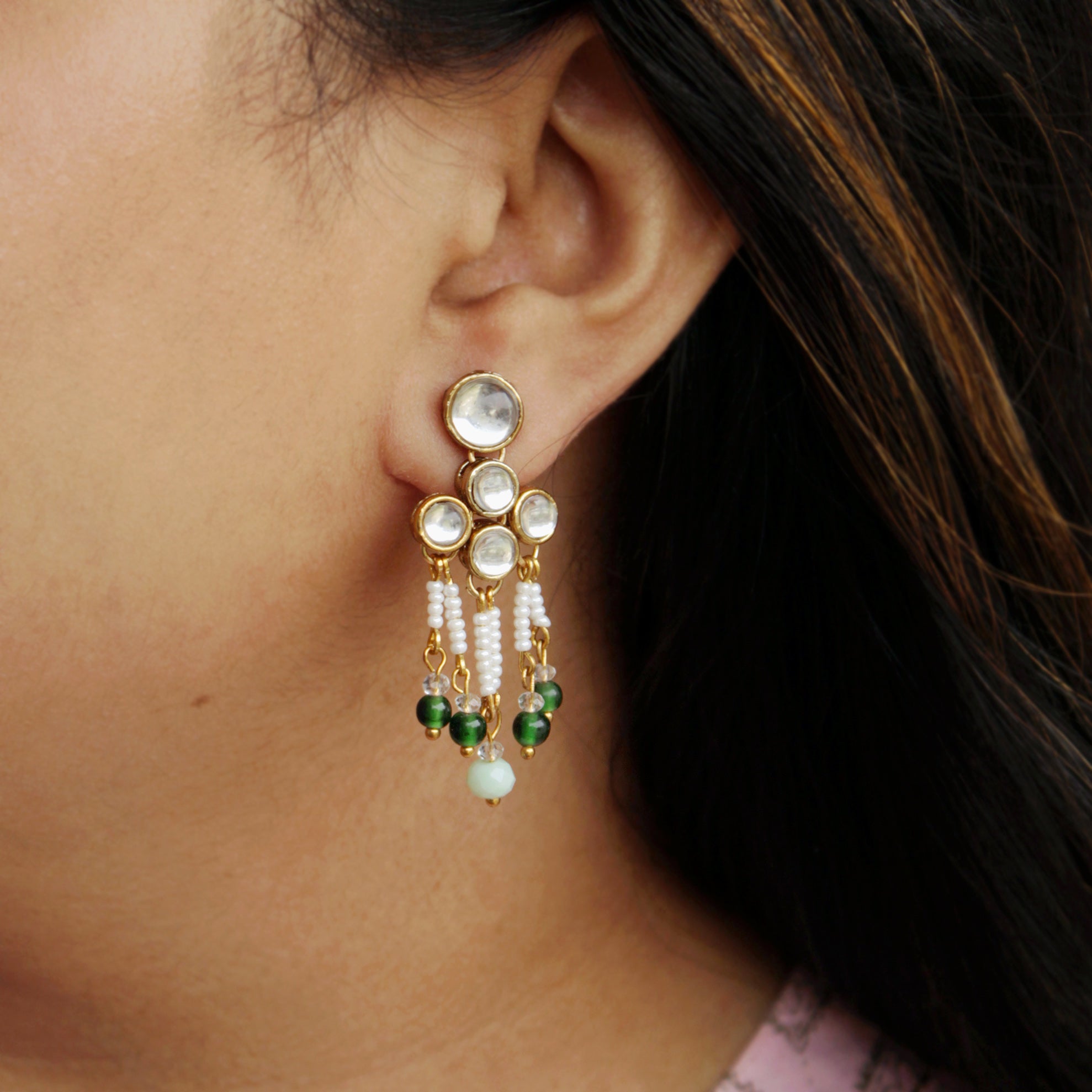 green glass beads drop kundan earrings