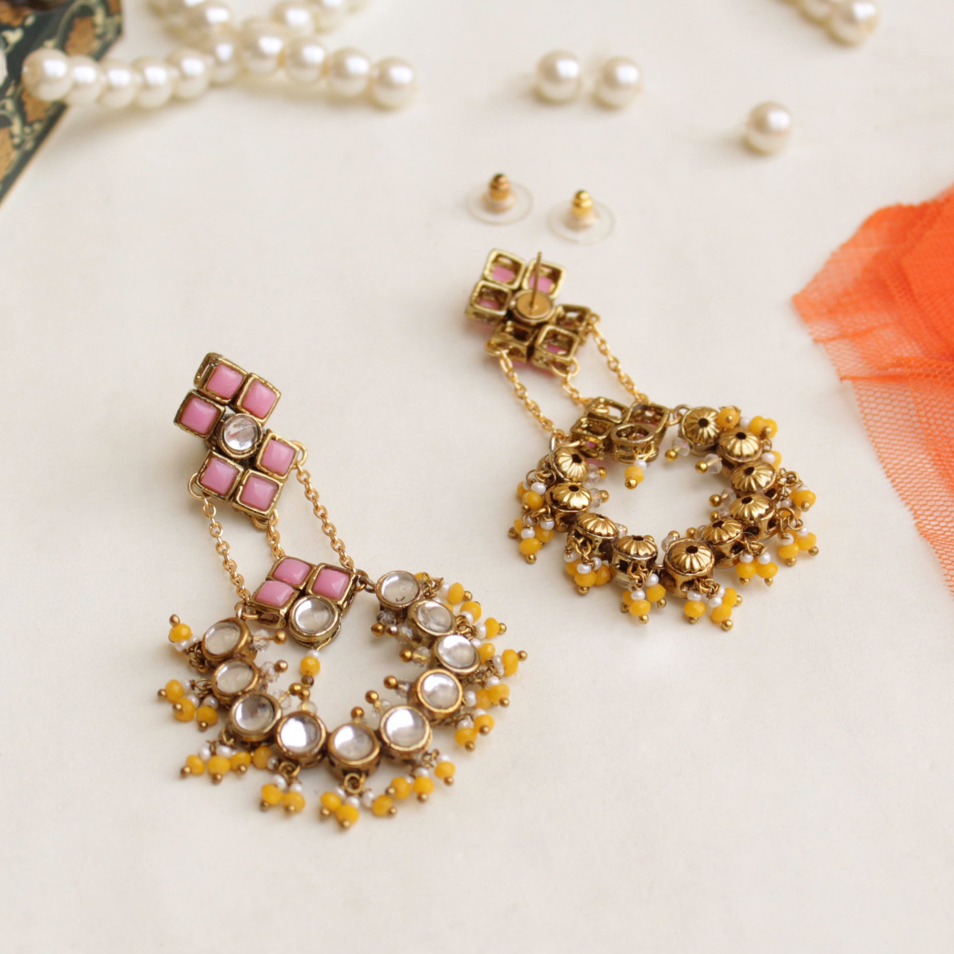 yellow beads kundan earrings
