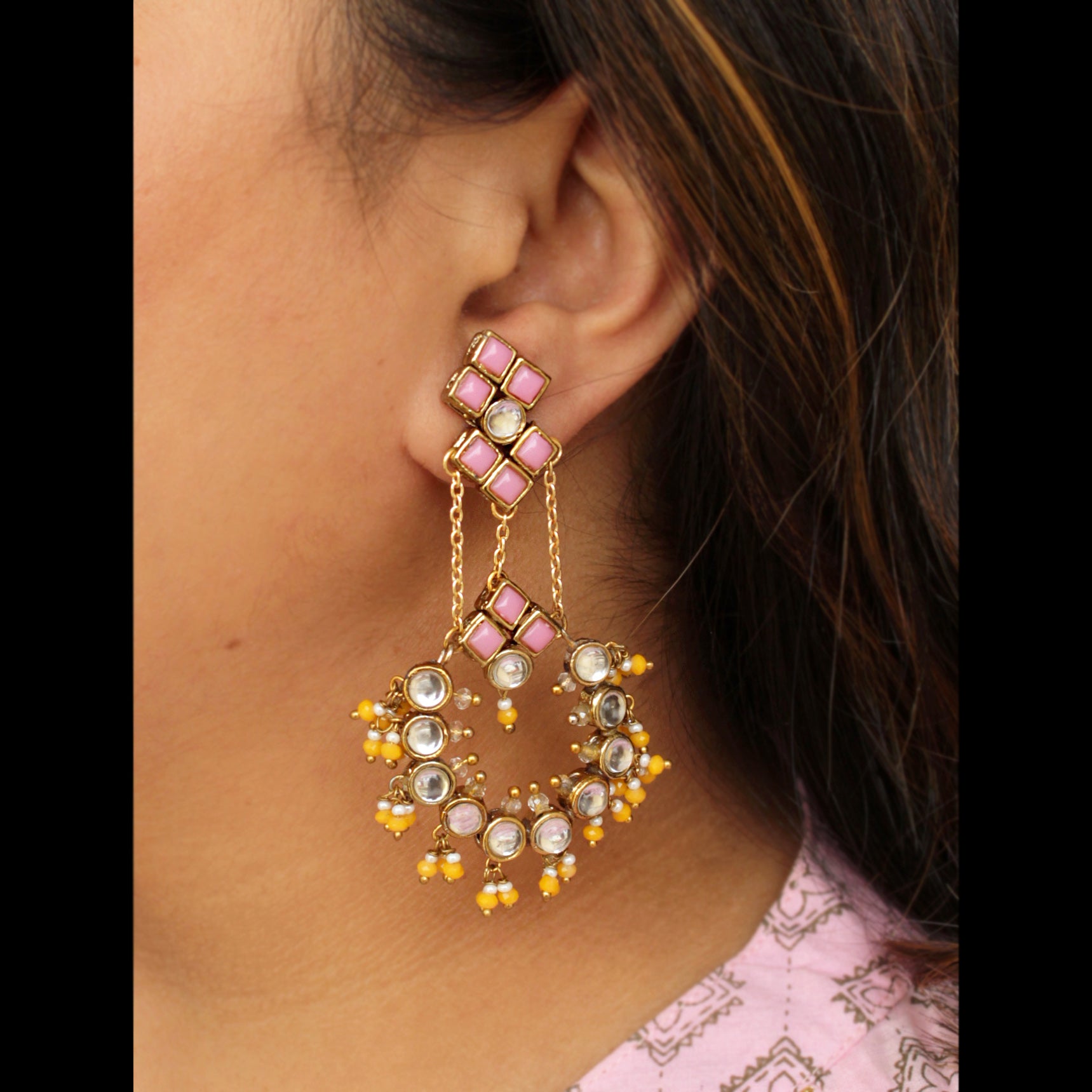 yellow beads kundan earrings