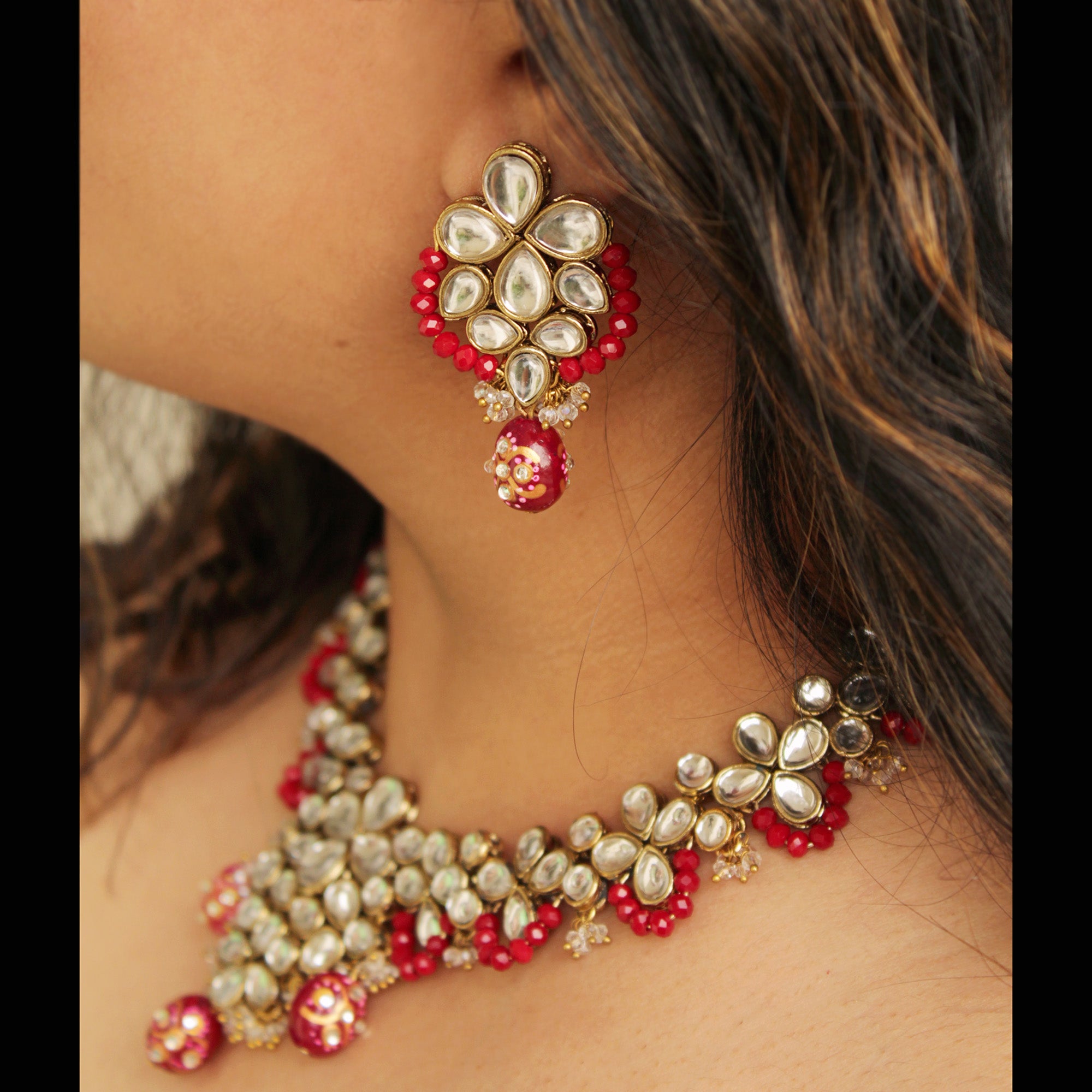 Red & Green Handcrafted Kundan Earrings – Titli Design