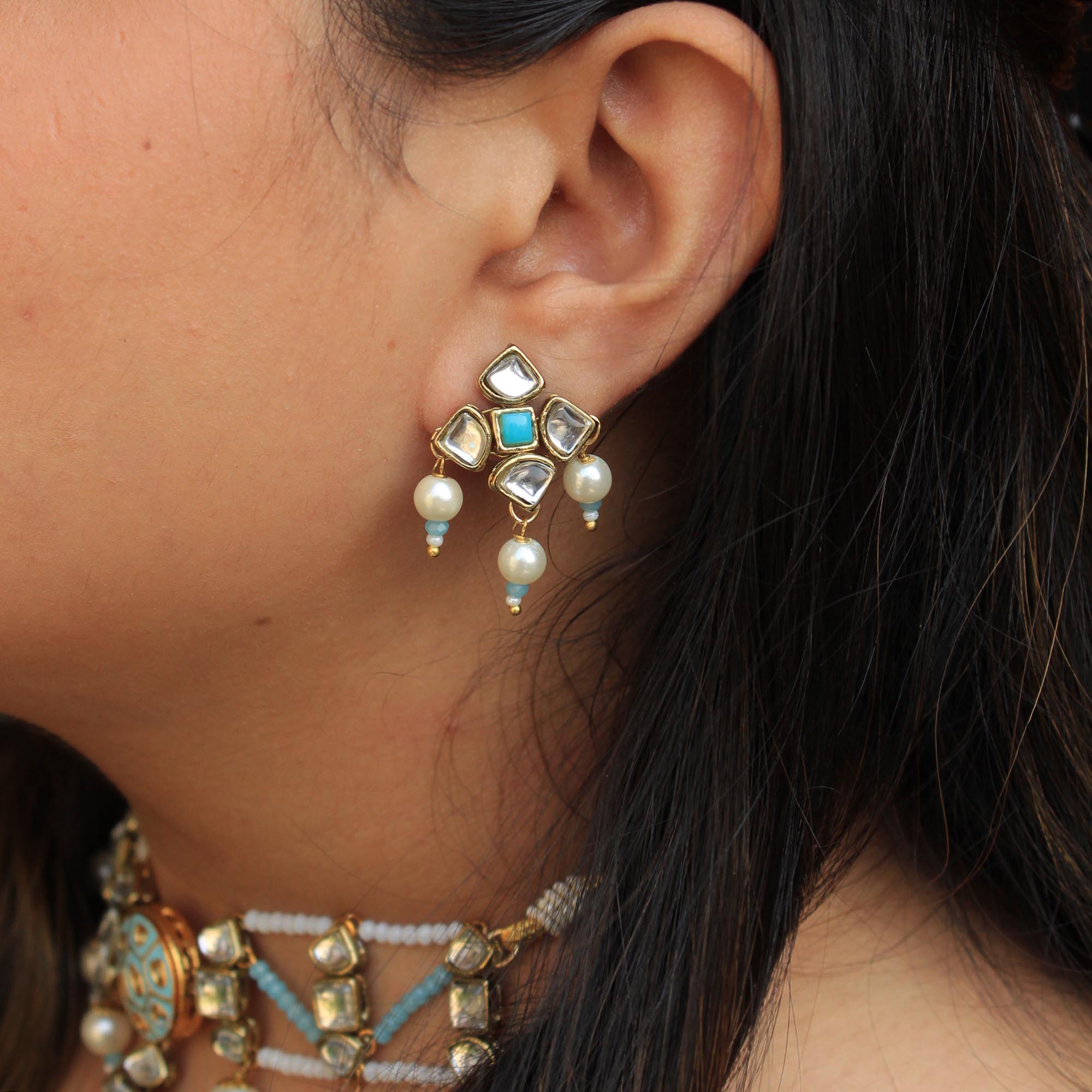 Blue Enamel Kundan Stud Earrings