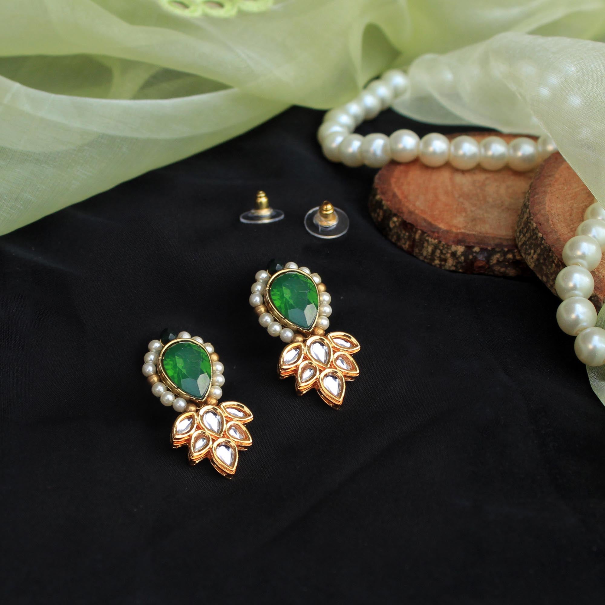 Gold Plated Deep Green Stone Earring - Gold Plated Earrings – Niscka