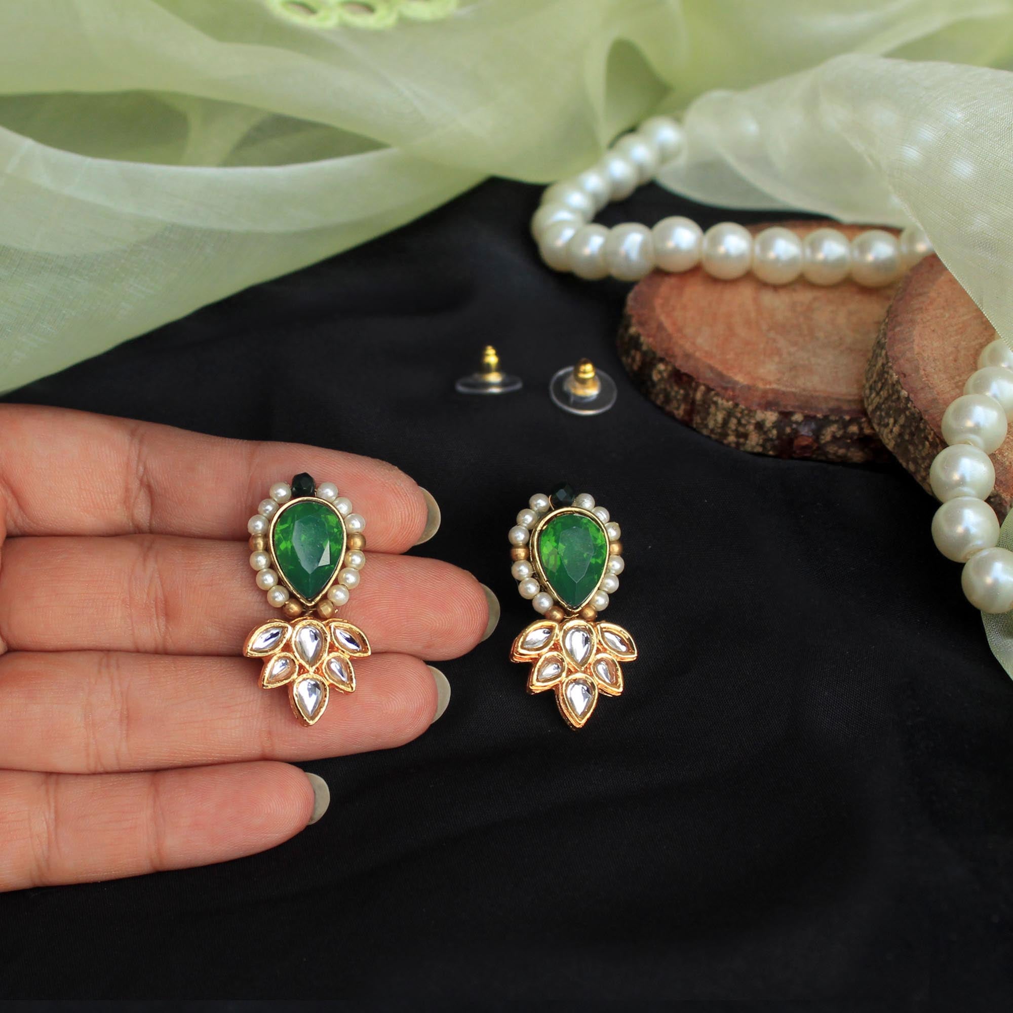 Buy Majestic White Pearl Earrings with Green stone Online - Unniyarcha