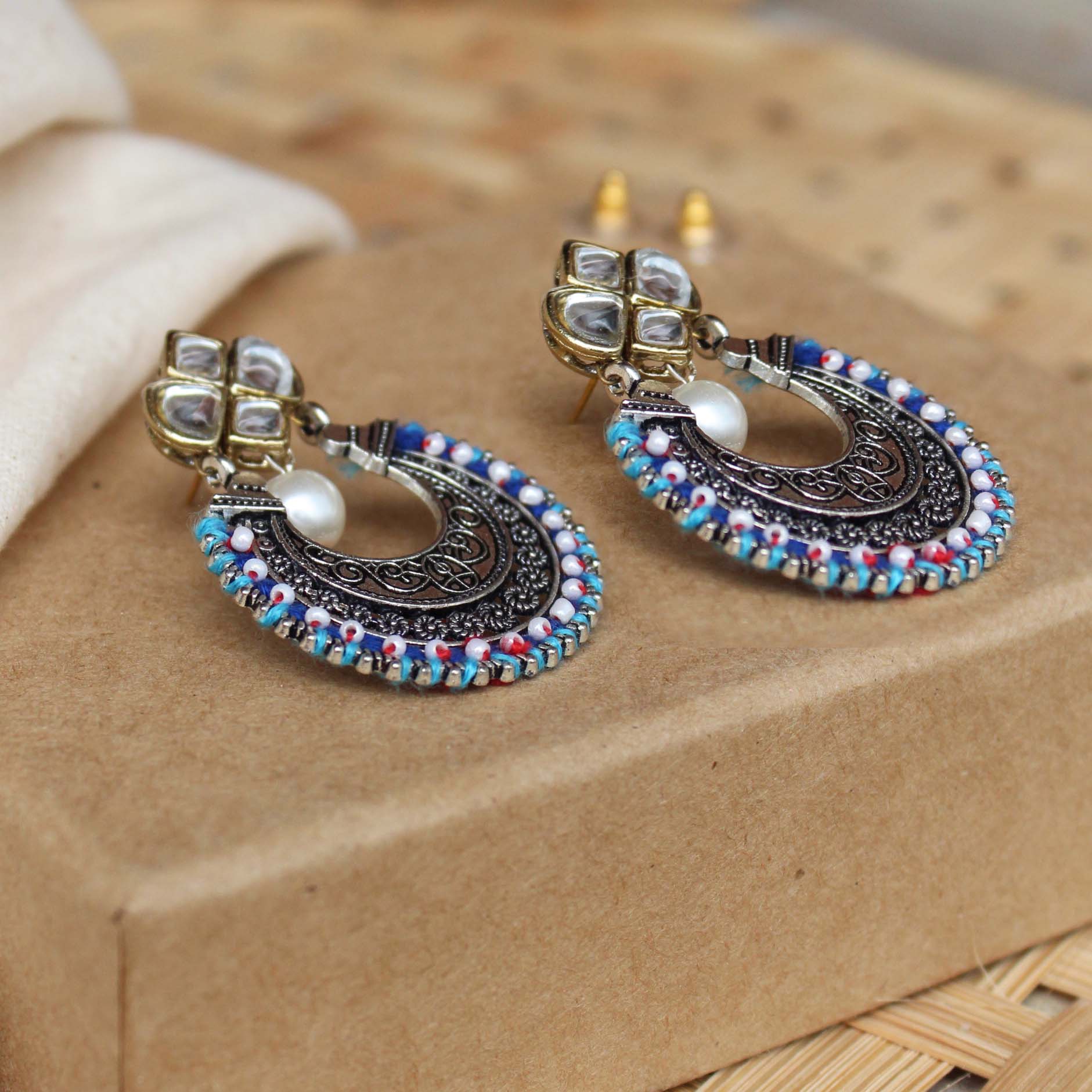 Chand baliyan Earrings- White and Silver -