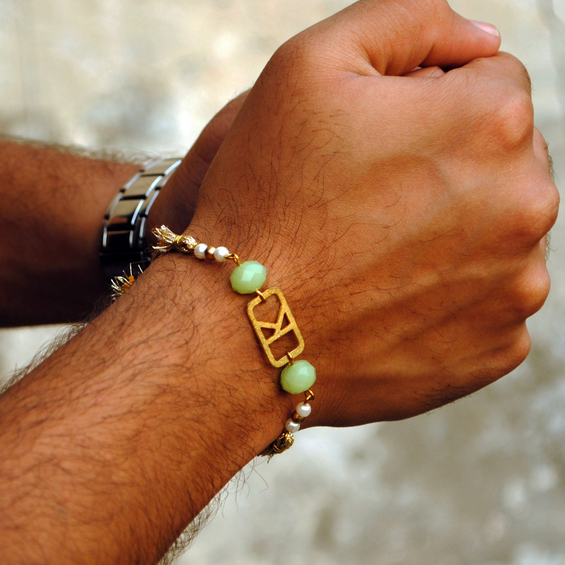 BeAbhika Green Pearl Personalised Initial Rakhi Gold Tone Lightweight Easy To Tie Customised Name Letter Rakhi Available At Best Price In India Online COD Available Send Rakhi To Brother Small Brother Big Brother Younger Brother Send Rakhi Abroad With Roli Chawal Capsules Designer Unqiue Famous 